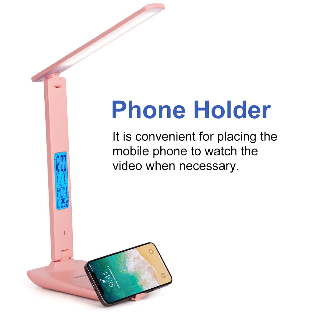 LED Desk Lamp, Desk Lamp with Wireless Charger, Table Lamp with Clock, USB Charging Port, Phone Holder - Image 4