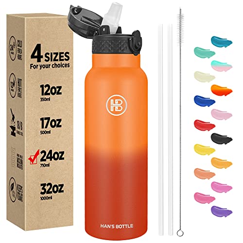 Han's Bottle Sports Water Bottle - 24 Oz, Straw Lid, Leak Proof, Vacuum Insulated Stainless Steel, Double Walled, Thermo Mug,Fire