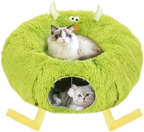 Cat Tunnel Bed for Indoor Cats - Cute Cat Donut Tunnel with Washable Circle Cushion - Multi-Purpose Cat Bed & Peekabo Cave, Pet Playground Toys for Kittens, Puppy, Rabbit (Green)