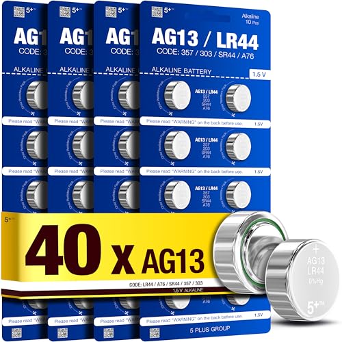 5Plus LR44 1.5V Button Cell Batteries 40-Pack AG13, A76, 357, SR44, L1154, G13, LR1154, RW82 Compatible Long-Lasting Power for Watches, Toys, Calculators, Hearing Aids, Key Fobs, Glucometers & More