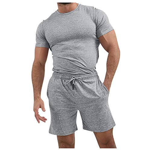 Dinnesis Chándal para hombre, juego de entrenamiento de dos piezas, traje corto de verano, traje deportivo de manga corta, camiseta de cuello redondo y pantalones cortos, chándal, 2 piezas, camiseta