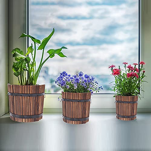3 Pcs Rustic Wooden Barrels Planters Whiskey Barrels Bucket With Handle Flower Planter Plant Pots Boxes Container Water Wishing Well Pail Garden Backyard Primitive Planter Outdoor Indoor Home Decor #TOP6