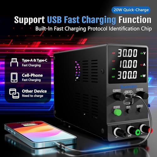 Image of DC Power Supply Variable, 0-30V 0-10A Adjustable Switching DC Regulated Bench Power Supply with USB & Type-C Quick-Charge, Encoder Knob, Output On /Off Switch, 4-Digit LED Display - SPS-3010M