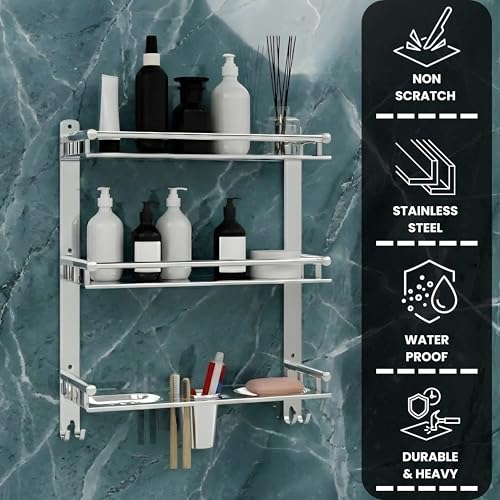 Image of GLOXY Premium 3 Layer Bathroom Shelves Rack - Wall Mount Chrome Finish Stainless Steel Bathroom Shelf with Soap Dish, Toothbrush Holder & Multipurpose Hooks - 4in1 Bathroom Fittings Accessories Set