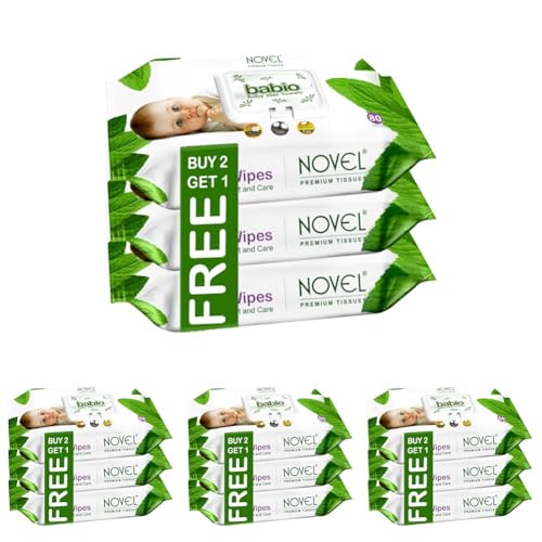 Image of Novel Baby Wet Wipes 80 Wipes x Pack of 12 (240 Wipes) | Aloe Vera, Chamomile, Jojaba Oil, Vitamin E Enriched | pH Balanced, Alcohol, Hypoallergenic & Paraben-Free | Extra Thick & Moist wet | Anti Rash Soft Gentle Baby Wipes with Lid