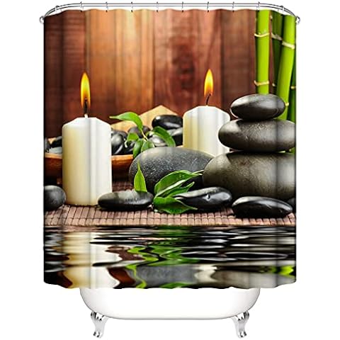 Vgzsyomqib Zen Spa Grey Stone Shower Curtain 3D Pink Orchid Bamboo Buddha Mould Proof Bathroom Polyester Shower Curtains with 12 Hooks Bath Wet Room Garden - 180 x 180 cm (72 x 72 Inch) Brown Cover
