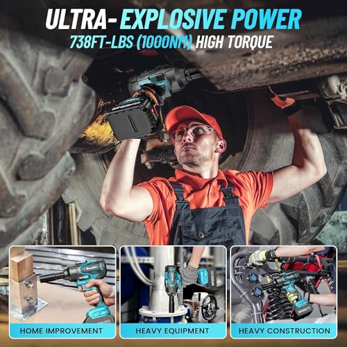 seesii 1000 n.m clé à chocs sans fil brushless, 1/2 pouce boulonneuse a choc electrique avec 2x4.0ah batterie, chargeur rapide, visseuse à choc avec 5 douilles pour la voiture et la maison