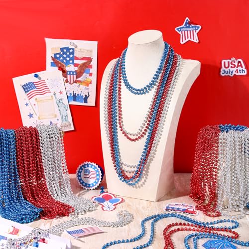 300PCS 4th of July Accessories Patriotic Bead Necklaces, 33inch Red Blue Silver Necklaces Bulk, 4th of July Decorations for Parade Party Favors Veterans Day - Image 5