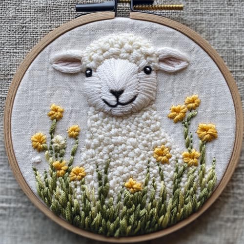 DIY Punch Needle Kits for Beginners Cute Sheep in Grass with Hoop Embroidery Punch Needle Starter Set Easy for Adults and Kids Festival Gift and Decor 20x20cm-3