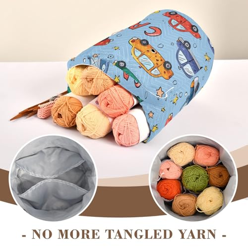 Image of Tatenale Crochet Bag Yarn Bag Knitting Project Bag with Pockets and Handle Portable Yarn Storage Organizer Tangle Free 8.3x11 InchLight Blue Cars and Stars32