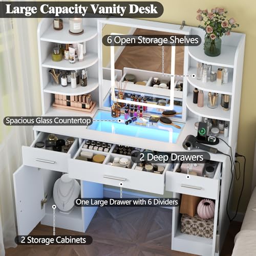 Loomie White Vanity Desk with Lighted Mirror & Power Outlet (3 Drawers)