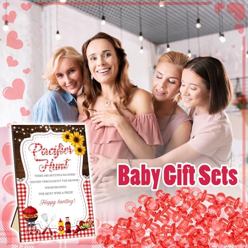 Image of Thyle 51 Pcs BBQ Themed Baby Shower Game BBQ Pacifier Hunt Sign and 50 Acrylic Pacifiers for Baby Shower Decorations Gender Reveal Table Centerpiece Pregnancy Party Supplies