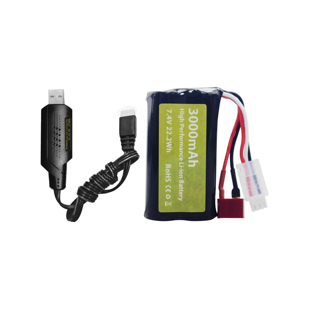Li-ion akkumulátor 7.4V 3000mAh 15C T-dugóval + USB kábellel – Kompatibilis a WLtoys 12423, MJX 14301/14303, H16PL, RC 1/10–1/16 készülékekkel