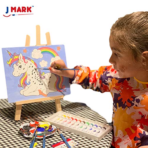 Kids Art Set for Girls – 28 Piece Acrylic Painting Supplies Kit with Storage Bag, 12 Washable Paints, 1 Scratch Free Paint Easel, 6 Pre-Stenciled Canvases 8 x 10 inches, 5 Brushes, 10 Well Palette