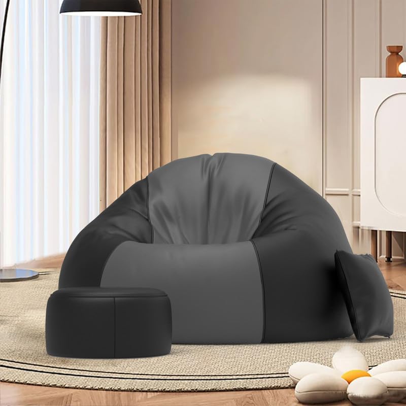 Image of Biggie Bean Bag Chair 3XL with Beans Filled-Duo Pop Sofa-Two Tone One Vibe-Crafted for Comfort-Styled for Elegance with Free Cushion & Footrest (Matching Color : Sofa, Elle Dark-Grey Black)