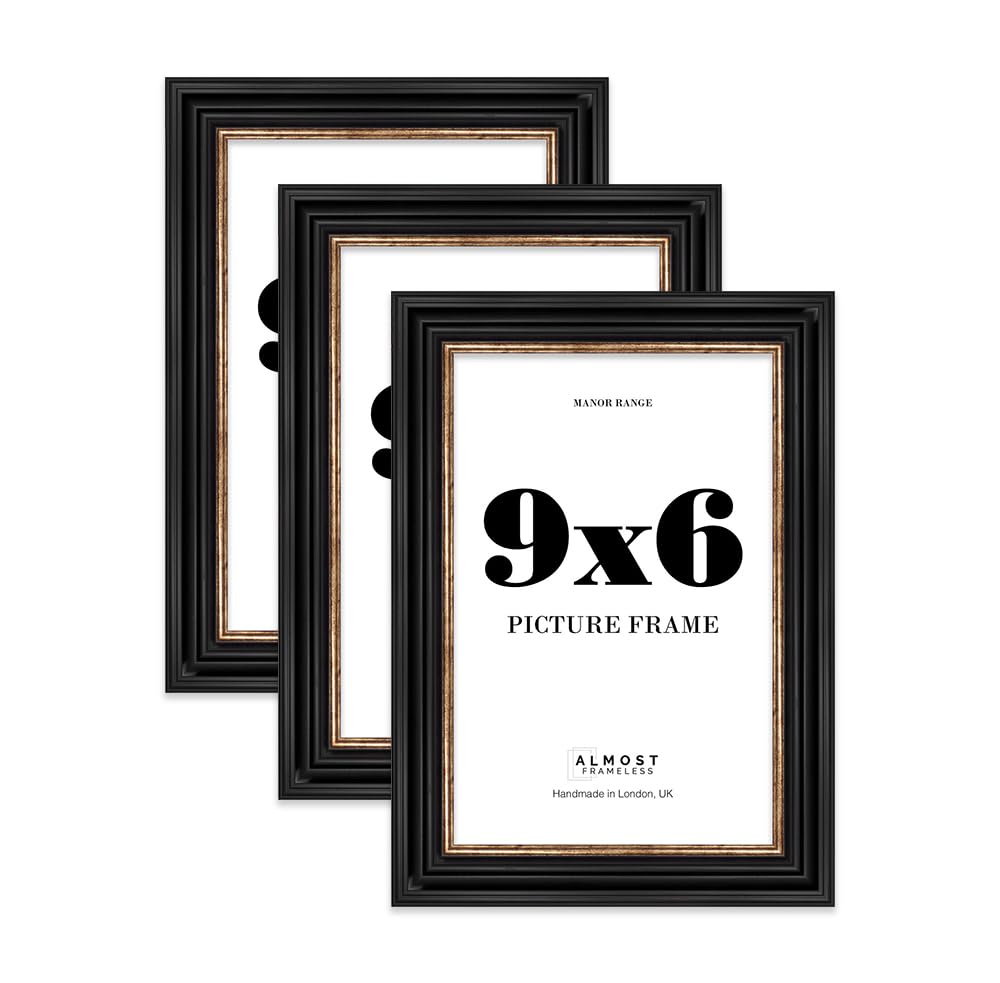 9x6 Picture Frame, Display 9x6 Pictures (15.2 x 22.9cm) - Black & Gold Timeless 42mm Edge Frame for Home Décor - 3 Pack