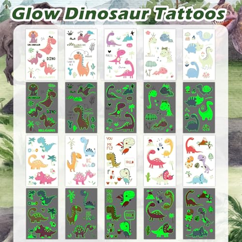 Leesgel Dinosaurios Tatuajes Temporales Niños, 20 Hojas Luminoso Tatuajes Niños Tatuajes Dinosaurios para Detalles Cumpleaños Niños, Rellno Piñata Fiesta Regalos Dinosaurio Cumpleaños Infantil