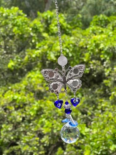 Image of BLUE BEADS Turkish Feng Shui Vastu Blue Glass Evil Eye Hanging /Door Hanging Nazar Batu for Protection and Good Luck - Perfect for Gifting Home or Office (SUNCATCHER-BTRFLY)