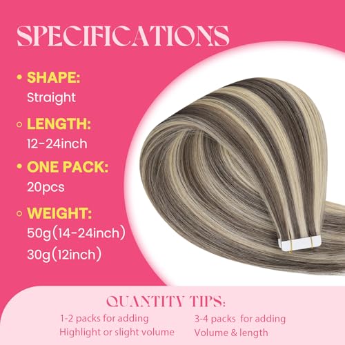 Image of Ve Sunny Hair Tape in Extensions Light Brown Highlight Blonde 22Inch Long | Silky Straight Tape ins,50g 20Pcs,Easy to Maintain,for Prom Party