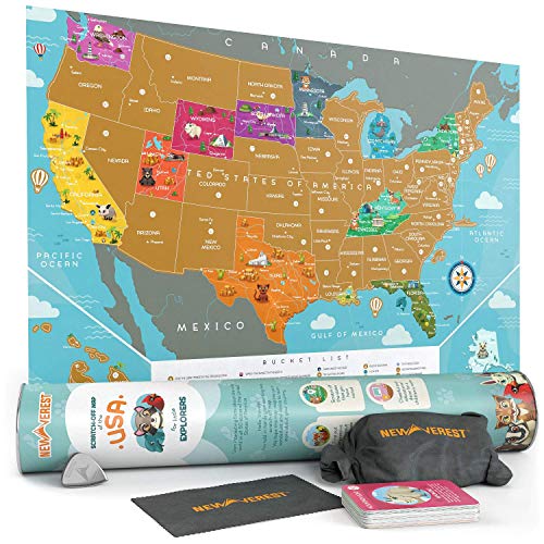 Newverest Scratch Off Map of The USA - for Kids & Adults, Premium Travel Map Poster Fits 24 x 17 inches Frame - with 50 Animal Cards, Scratch Tools, Storage Bag & Gift Tube