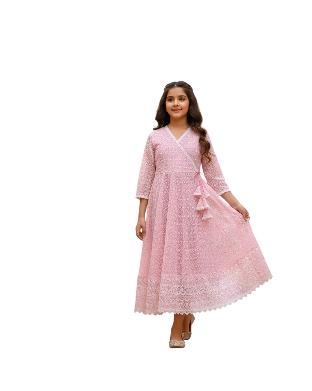 Kids Girls Pink Chikankari Anarkali Gown Dress | 3/4 Sleeve, Includes Legging & Dupatta, Below the Knee Length, Embroidered Rayon, For Kids Girls-image-0