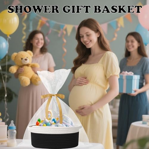 Image of Woven Rope Basket - Baby Gift Basket with Bag & Ribbon, White&Black