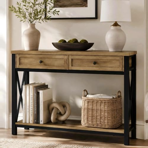 BON AUGURE Entryway Table with Storage, Sofa Table 2 Drawers, 47In Vintage