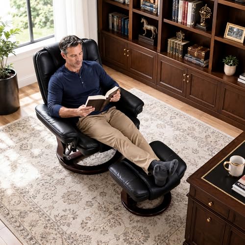 Image of Swivel Recliner Chair with Ottoman Reclining Lounge Sofa Footrest, Set of 2 | 360Sturdy Wood Base, Soft PU Leather, Upholstered Ultra-Plush Foam, Modern Armchair, Living Room Bedroom Office Reading Home