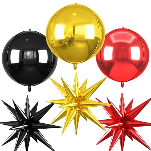 Image of 6pcs 22 inch Black Gold Red Star Balloons and 4D Large Foil Balloons, Black Red Star Balloon Gold 4D Foil Aluminum Balloon For Birthday Baby Shower Party Wedding Anniversary Engagement New Year
