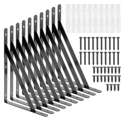 TerraShine 棚受け 10本セット 棚受け金具 棚支え アイアンブラケット L字型 耐荷重50kg 耐久性 省スペース 壁収納 ビス付き DIY 収納（ブラック-250*160mm）