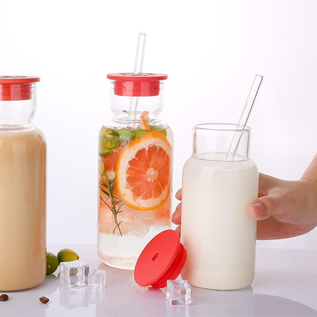 Glasbecher mit Deckel und Strohhalm, 2er-Set, 500 ml Borosilikatglas, wiederverwendbare Trinkbecher mit Silikondeckel & Glasstrohhalm für Eiskaffee, Smoothie, Saft