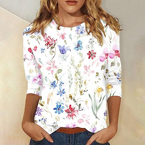 Jxkikoze Shirts For Women, 3/4 Sleeve T Shirt Women Long Basic Work Spring Soft Frilly T Shirts Floral Loose Trendy Crew Neck Tops For Ladies White thumb #1