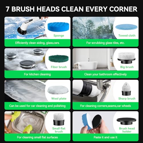 Image of Electric Spin Scrubber Cordless ​Shower Cleaner Bathroom Cleaning Brush Scrubbing with Tool Free Adjustable Extension Arm for Tub Tile Floor and 7 Replaceable Heads for Kitchen Floor (White-Black)