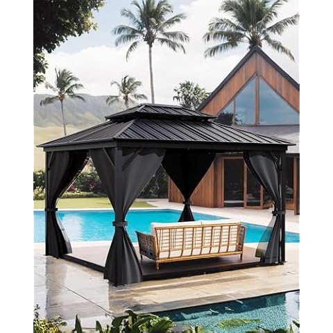 GarveeLife Hardtop Gazebo 10'x12' for All Weather, with Double Metal Roof, Aluminum Alloy Frame, Net, and Curtain, Permanent Building for Patio, Deck, Backyard, Lawn, and Garden, Gray Cover