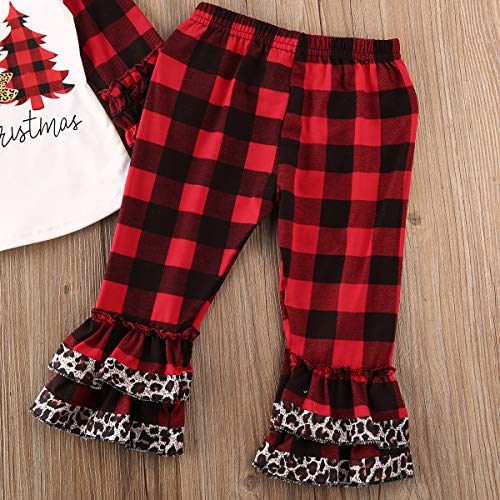 Toddler Kid Baby Girl Bell Bottom Flared Pants Short Sleeve Tops Leopard Pants 2PCS (Plaid-red-1, 1-2T) - Thumbnail 3