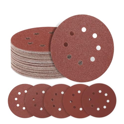 SUPBICCO 50 PCS 5 Inch 8 Hole Sanding Discs, 60 80 120 240 320 Assorted Grits Hook and Loop Round Sandpaper Pads for Random Orbital Sander