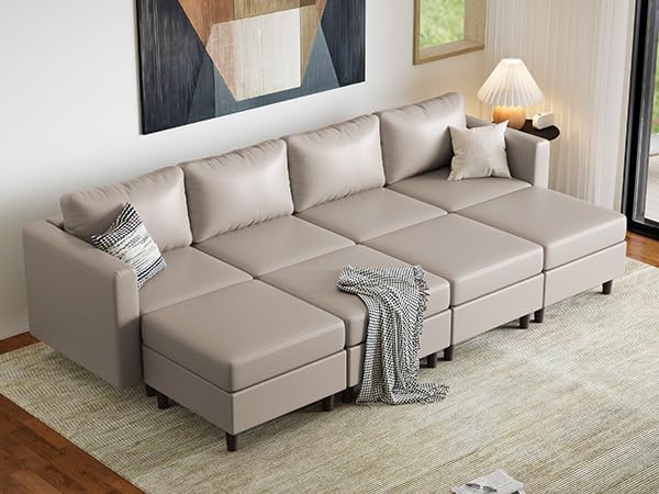 Image of ABCASA 118.5 inch Faux Leather Luxury Modular Sleeper Sofa Bed with Storage Seat, 8 Seat Sectional Couch Deep Seat with Reversible Chaises & Removable Cover - Whitesand