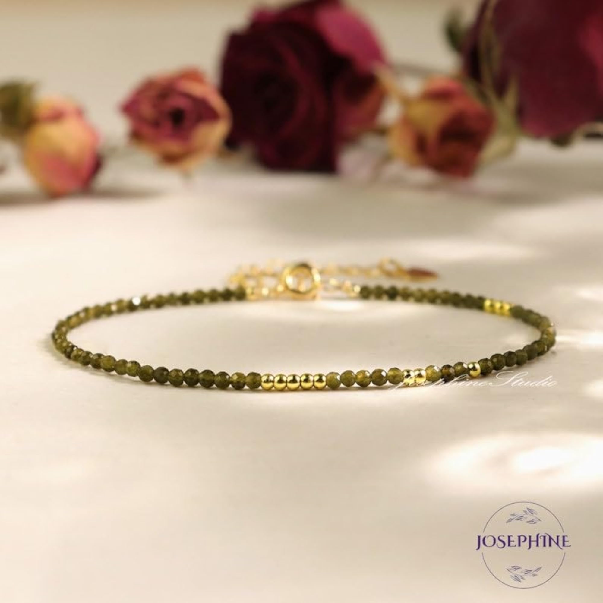 Green Cats Eye Rondelle Beaded Bracelet with Gold Lock, Adjustable