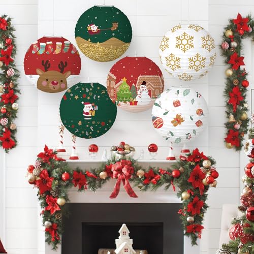 Image of 6 Pcs Christmas Hanging Paper Lantern Set Lanterns Xmas Party Supplies for Outdoor Indoor Classroom Birthday Graduation Christmas Decorations (Picture)