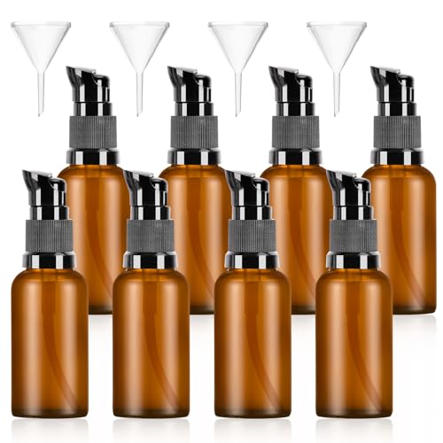 KTPCN 8 Pcs 30ml Botellas de Vidrio Ambar, Dispensadores de Bomba de Vidrio Marrón, Botellas de Bomba de Vidrio Vacías Rellenables para Aceite Esencial de Viaje Crema Loción, con 4 Embudos (8)