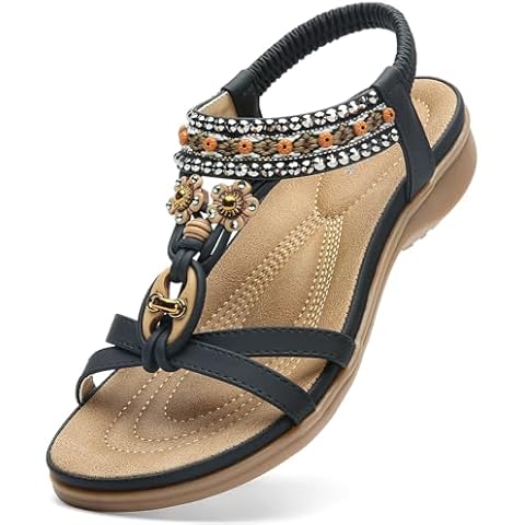 Littleplum Womens Sandals Arch Support Bohemian T-Strap Flower Rhinestone Sandals Women's Non Slip Summer Beach Flat Sandals Black Size 7 Cover