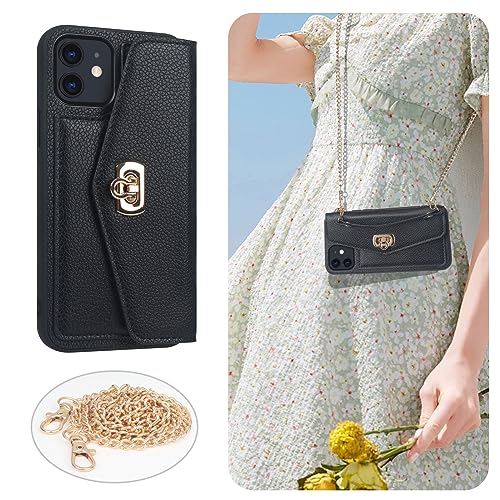 LUVI Compatible with iPhone 13 Case with Card Holder Wallet for Women with Crossbody Neck Strap Lanyard Purse Handbag Shoulder Strap PU Leather Luxury Fashion 3D Crocodile Snake Skin Case Black2