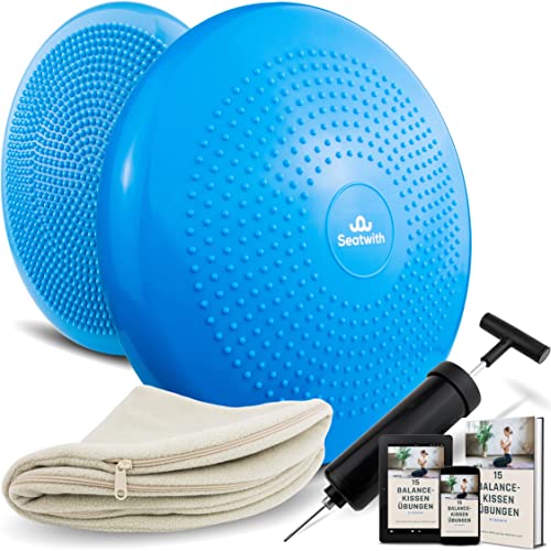 Seatwith Cojín Equilibrio 34 cm de Diámetro - Disco Equilibrio con Protector y Bomba de Mano - PDF de Instrucciones - Cojines Inestabilidad para Coordinación y Entrenar la Espalda - Azul Cover
