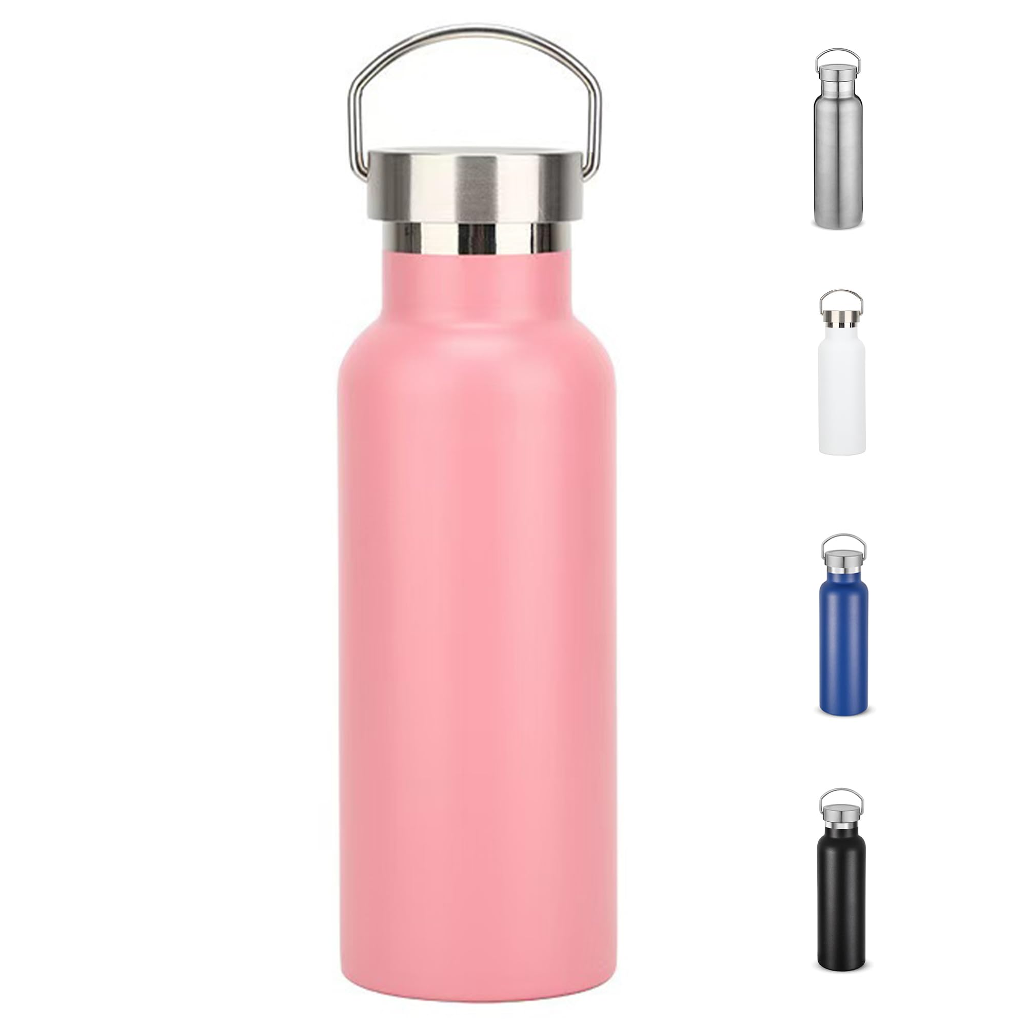 Water Bottle Stainless Steel Insulated 500ml with Leakproof Lid and Handle, Double Wall Vacuum Travel Bottle for School, Hiking, Travel - Reusable Metal Standard Mouth Flask for Everyday Use (Pink)