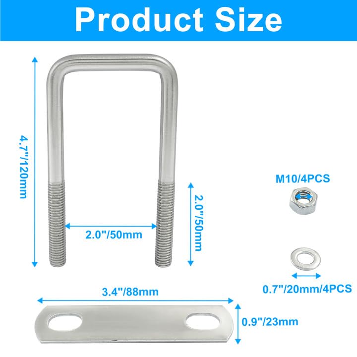 Image of 2 Stainless Steel Square U-Bolts, 2.0 inch x 4.7 inch, M10 304 | With Frame Plates and Nuts, Light Industry, Metallurgy, Construction, Shipping