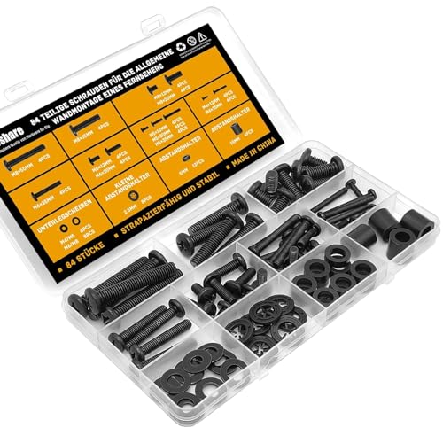 LOLANIUT Kit de 68 vis noires pour supports muraux TV – Vis VESA M4, M5, M6 et M8 avec entretoises et rondelles, compatible avec les supports TV et moniteurs...