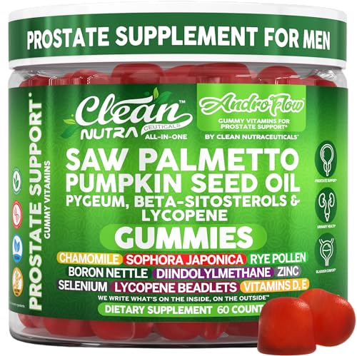 AndroFlow Saw Palmetto and Pumpkin Seed Oil Prostate Health Supplements for Men Pygeum Beta Sitosterol Lycopene Boron Zinc Selenium DIM Stinging Nettle Vitamin D 60 Gummy Supplements By Clean Nutra