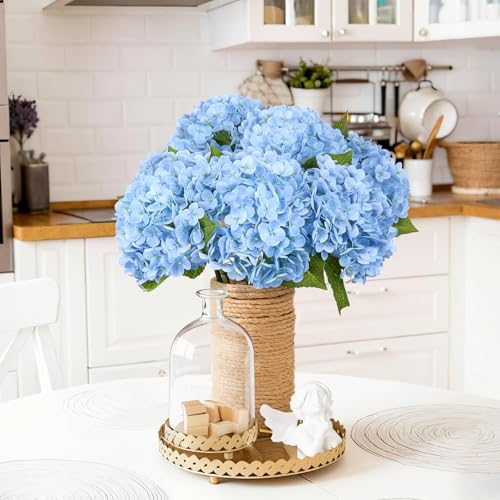 Image of Bassion 4 Pcs 21 inch Blue Hydrangea Artificial Flowers for Decorations | Realistic, lates real touch faux hydrangeas, for wedding bouquet party table centerpieces arrangements home decorations