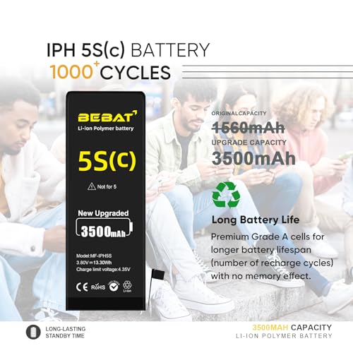 Image of Replacement for iPhone 5S /5C Battery, 3500mAh High Capacity Li-ion Polymer Replacement Battery for iPhone 5S /5C A1453 A1457 A1518 A1528 A1530 A1533 with Complete Professional Repair Tool
