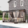 Gotland 10FTx12FT Outdoor Wall-Mounted Hardtop Pergola, Metal Frame Gazebo with Sloping Sun Panel Roof and Double Curtains for Patio, Garden, Lawn, Khaki